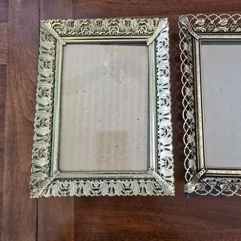 Vintage Ornate Brass Photo Frame Set Gold Tone MCM Filigree‎ Flowers Easel